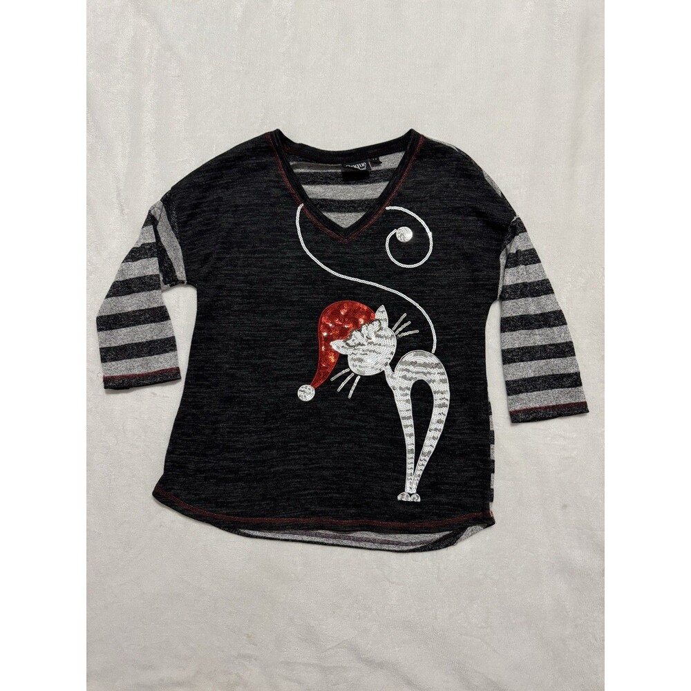 Onque Casual Womens Size XL Novelty Shirt Christmas Cat Sequin Santa Hat